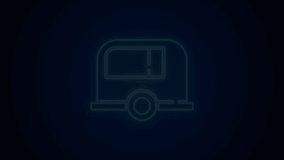 Glowing neon line Rv Camping trailer icon isolated on black background. Travel mobile home, caravan, home camper for travel. 4K Video motion graphic animation.
