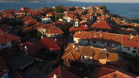 Aerial view of Nessebar, an ancient city on the Bulgarian Black Sea Coast with many buildings.