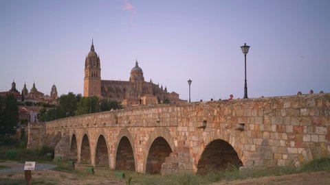 SALAMANCA, SPAIN - 26TH JULY 2019: General view of the old bridge in the Salamanca, Spain, Europe.