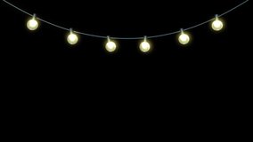 Festive globe string lights, hanging down, gentle light flicker, 3D animation, isolated on black background with luma matte. - Powered by Shutterstock - Get 15% off with code: PIKWIZARD15