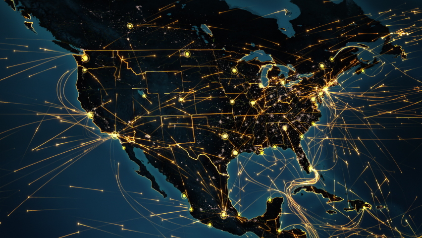 
Animation of the United States map with bright connections and city lights. Yellow lines representing aerial, maritime, ground routes, state and country borders. Locked. Blue.  Royalty-Free Stock Footage #1063650541