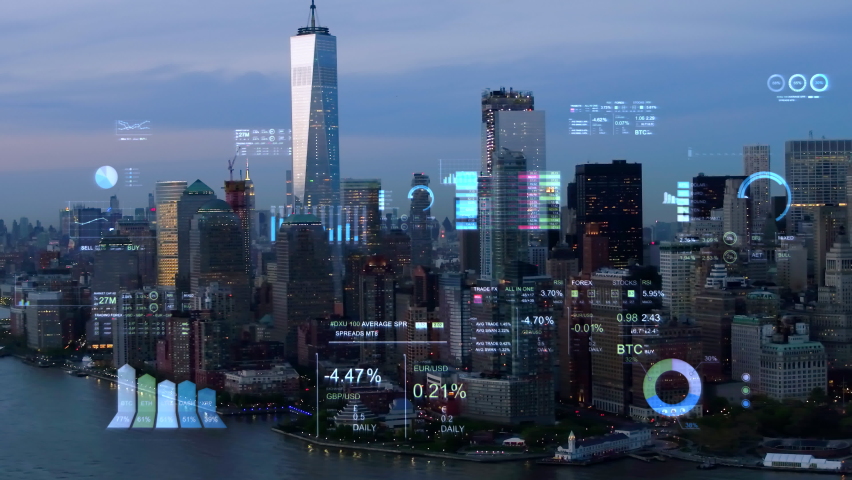Futuristic Manhattan skyline with stock exchange figures. Augmented reality elements over an aerial view of New York with financial charts and data. Big data, Artificial intelligence, IOT.