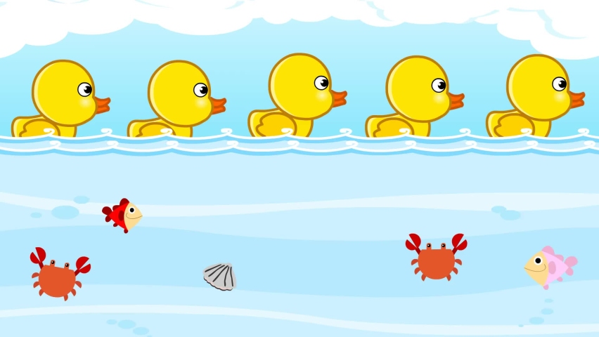 5 little duck cartoon animated swim on river