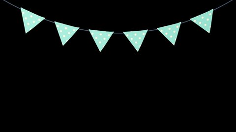 Party bunting, hanging down, 3D animation, white dots pattern on blue background, isolated on black background with alpha matte.