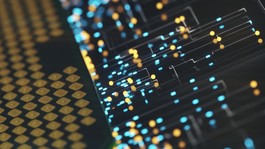 A computer processor with millions of connections and signals. Technology cpu background. Pulses and signals from the chip propagate through the motherboard. 3d animation | Shutterstock HD Video #1063655200