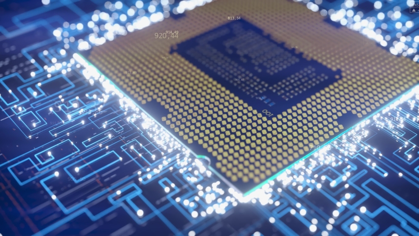 A computer processor with millions of connections and signals. Technology cpu background. Pulses and signals from the chip propagate through the motherboard. 3d animation | Shutterstock HD Video #1063655218