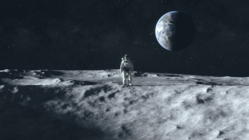 An astronaut stands on the surface of the moon among craters against the backdrop of the planet earth. Outer space. Ultra realistic 3d animation Royalty-Free Stock Footage #1063655287