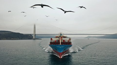 BOSPHORUS - CIRCA 2020: Drone-following flock of seagulls flies in front of the bow of container ship underway in Bosphorus Sea. Aerial view as a cargo ship ploughs through waters. Close up of fore