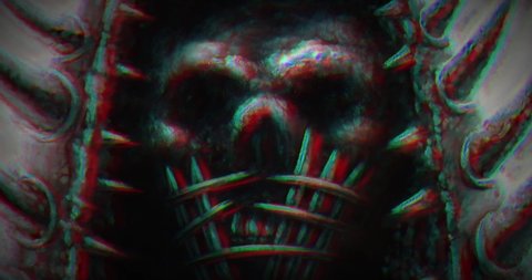 Fearfully skull mask with spiked helmet. Horror fantasy digital movie. Scary animated 4K teaser. Gloomy demon face with shake effect. Creepy 2D cartoon, footage, vj loop, fx. Culture and religion. 
