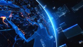 Bright connections and charts forming a network over Middle East map. Animation of the Earth with augmented reality elements, text boxes, interfaces and graphs. - Powered by Shutterstock - Get 15% off with code: PIKWIZARD15