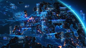 European map with bright connections and holographic charts forming a network. Animation of the Earth with augmented reality elements, text boxes, interfaces and graphs. - Powered by Shutterstock - Get 15% off with code: PIKWIZARD15