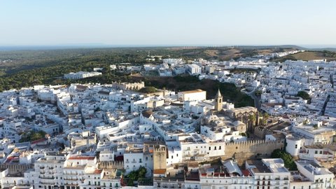 Panoramic aerial views of white Andalusian town Vejer de la Frontera in south Spain on top of a mountain
