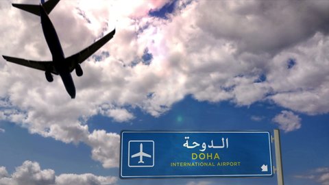 Jet plane landing in Doha, Qatar. City arrival with airport direction sign. Travel, business, tourism and transport concept. 3D rendering animation.