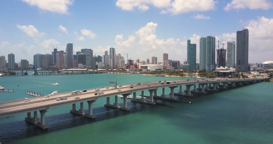 Downtown miami florida on a sunny day from a drone