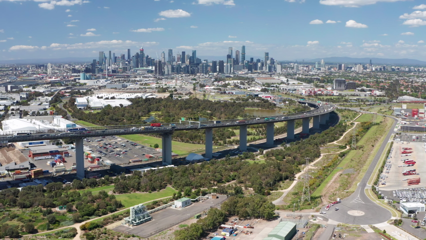 Aerial video of highway connected to Melbourne CBD in Australia