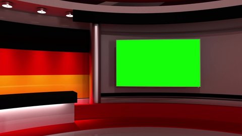 TV studio. Germany. German flag studio. German flag background. News studio. The perfect backdrop for any green screen or chroma key video or photo production. 3d render. 3d