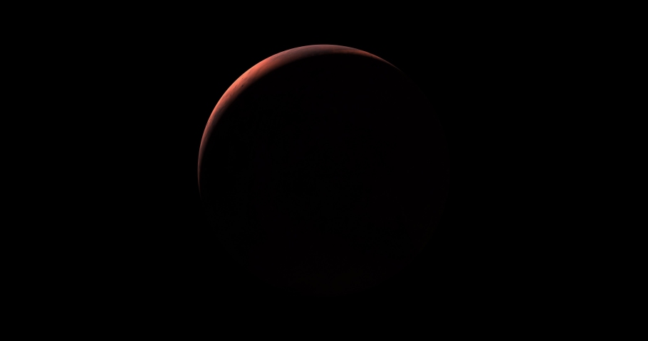Spinning planet mars on dark .Planet mars sun rise isolate on dark. front view of Mars planet from space. full 3d view of Mars 4k resolution.