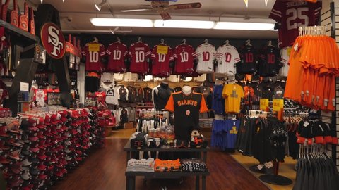 San Fracisco , CA , United States - 05 22 2019: American football store for the 49ers and Giants with jerseys and assorted products on display