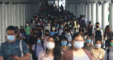 September 25, 2020. Bangkok, Thailand. Crowded Asian People Wearing Protective Mask For Protect Coronavirus, Covid 19 Virus During Virus Outbreak In Bangkok Thailand. Dolly Out Shot
