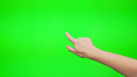 A Woman's Finger Touches The Large Green Touch Screen of a Digital Device, A Touch-Sensitive Laptop. The Hand Touches the Green Background, Alpha Channel, Isolated.