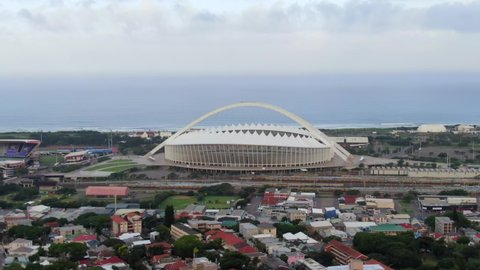 Durban , South Africa - 02 12 2020: Moses Mabhinda stadium stand out in aerial cityscape