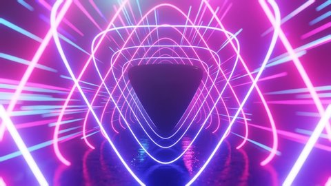 Abstract neon background with defocus at the edges. Neon triangles and lines move in space. Reflection. Futuristic background. Neon traffic. 3D 4K loop animation