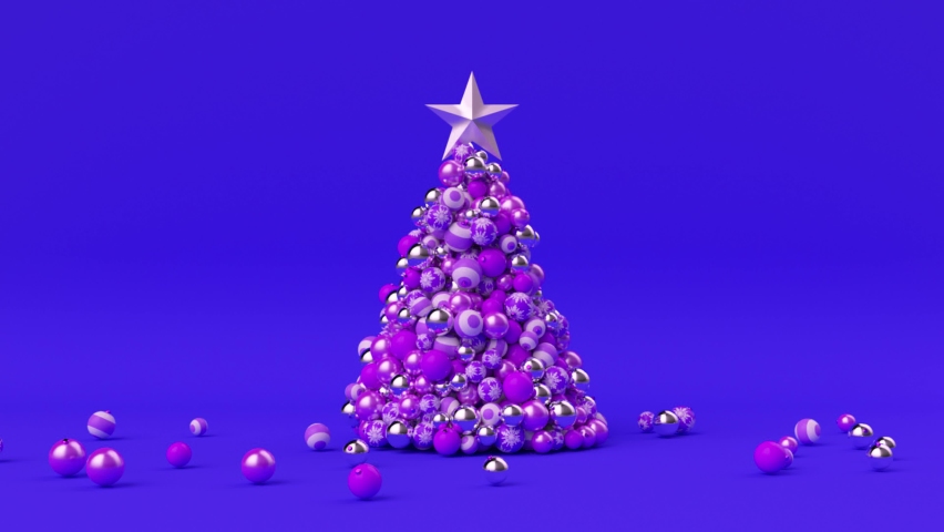 A tree of Christmas balls is growing dynamically on a bright colorful blue background. 3d animation