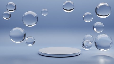 White round stage, pedestal or podium with underwater air bubbles. Water drops, glass balls or soap bubbles on blue background with an empty space for product advertising. Realistic 3D animation