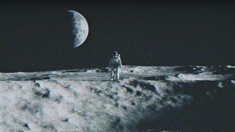 An astronaut stands on the surface of the moon among craters against the backdrop of the planet earth. Outer space. Ultra realistic 3d animation. The effect of old tape and distorted data.