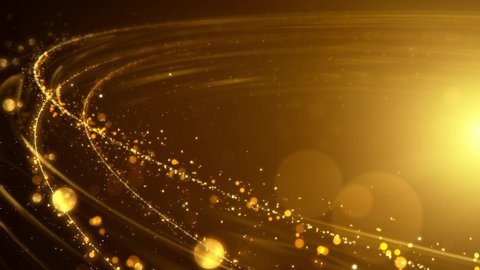 Golden particles with bokeh effect twirling in circles, full of dreamy and brilliant feelings. Background animation of shining and dazzling particles.