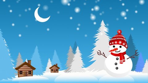 Snow background animation with the concept of animated snowfall, snowman, wooden house, half moon, and blue sky background. Winter background animation. Animated winter