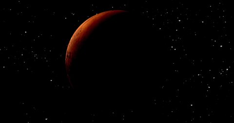 Spinning planet mars with stars background. Planet mars sun rise isolate on dark. front view of Mars planet from space. full 3d view of Mars 4k resolution.