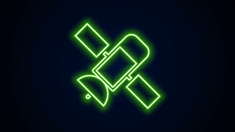 Glowing neon line Satellite icon isolated on black background. 4K Video motion graphic animation.