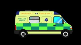 The UK ambulance crew starts moving, turns on the flashing lights, going straight, then the car stops. Suitable for education, presentation and instruction. (vector, 2D animation, 4k, alpha channel)
