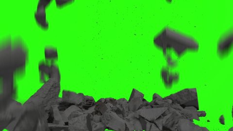 Big Concrete Chunks nad Pieces Falling from Top,Close up Shot on Green Screen background