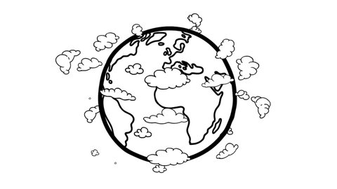 Earth doodle crazy cartoon business animatio with clouds black and white version. Fully hand drawn, dynamic animation on white background for any use. Good for whiteboard, explainer, education video. 