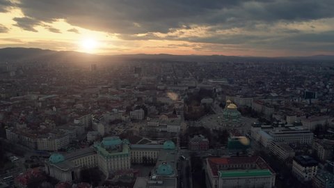 Aerial view of a big city during sunset