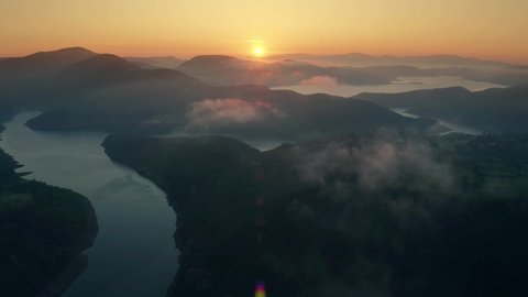 Aerial view of a big river during sunrise