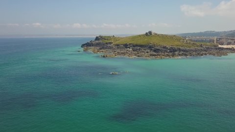 Cornish coastline, popular tourist destination town in summer, aerial view