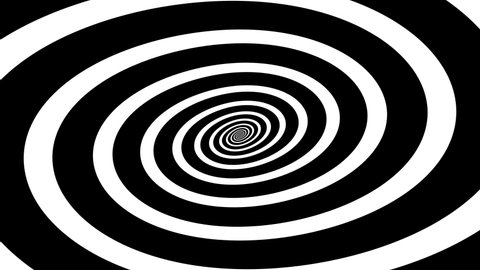 Moving through rotating spiral. Hypnosis concept in minimal style. Hypnotic optical illusion. Abstract background in black and white colors. Dizzy concentric pattern. Seamless loop animation.