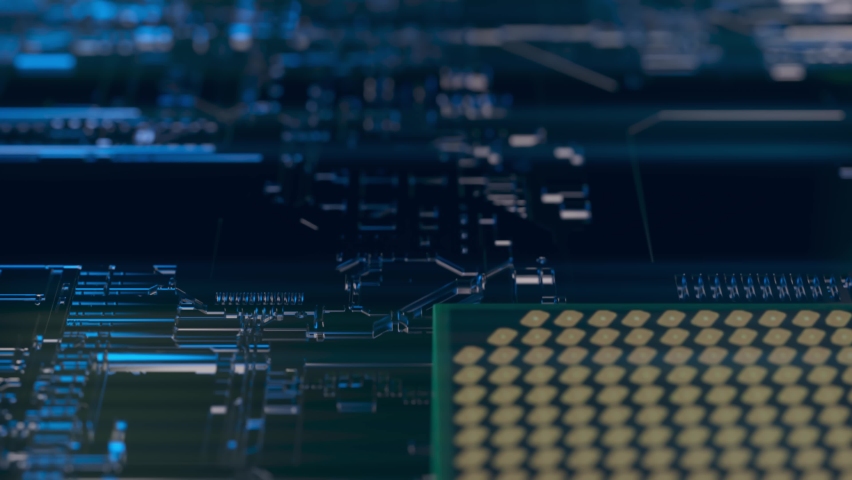 A computer processor with millions of connections and signals. Technology cpu background. Pulses and signals from the chip propagate through the motherboard. 3d animation Royalty-Free Stock Footage #1063726027