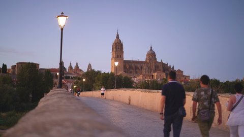 SALAMANCA, SPAIN - 26TH JULY 2019: General view of the old bridge in the Salamanca, Spain, Europe.