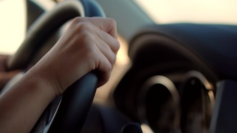 Woman Driver Hand On Car Steering Wheels. Using Windshield Wiper And Washer Controls In Car Holding Wheel.Woman Driving Auto.Female Travelling On Automobile.Woman Driving Turning Steering Wheel In Car