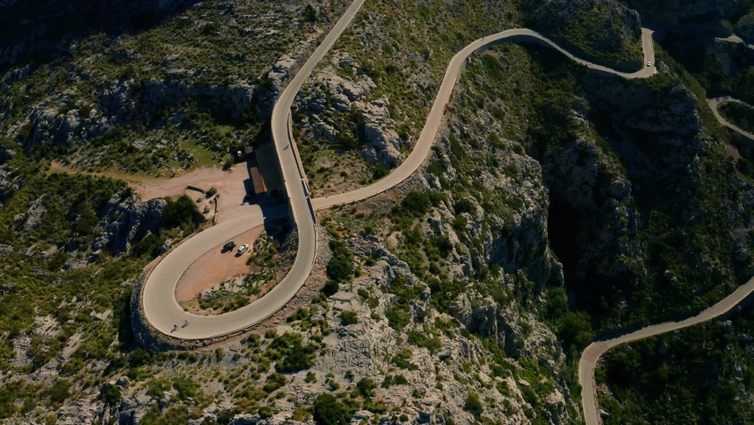 Serpentine Road, Sa Calobra, Aerial shot Serra Tramuntana Mountains, Majorca, Spain Royalty-Free Stock Footage #1063734583