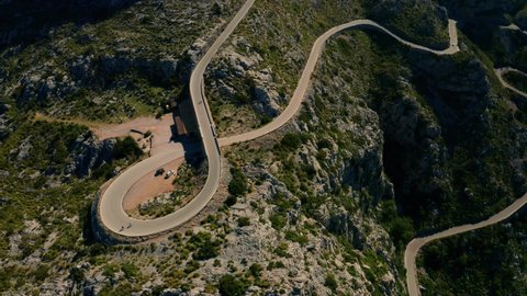 Serpentine Road, Sa Calobra, Aerial shot Serra Tramuntana Mountains, Majorca, Spain