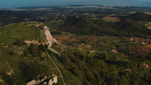 Aerial View of Santueri Castle, Felanitx, Mallorca, Touristic Ruins in the Mountain. Balearic Islands, Spain.