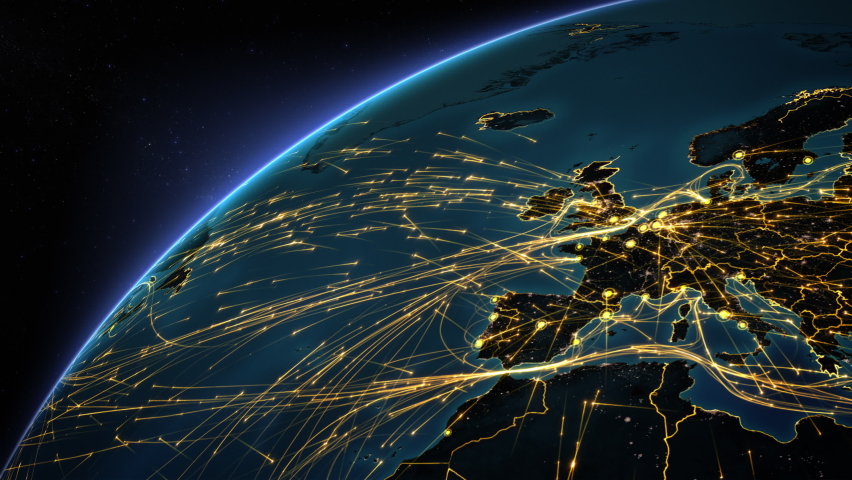 The Earth is connected by air, land and sea. Futuristic animation of Earth with bright connections and city lights. Europe and Asia aerial, maritime, ground routes and country borders.  Royalty-Free Stock Footage #1063736569
