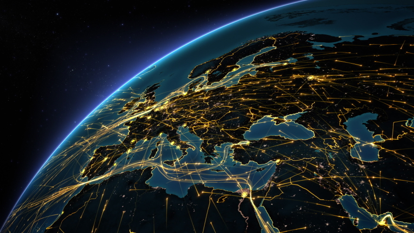 The Earth is connected by air, land and sea. Futuristic animation of Earth with bright connections and city lights. Europe and Asia aerial, maritime, ground routes and country borders. 