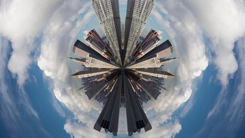 Tiny Planet round lens timelapse footage of New York city from above with clouds in sky