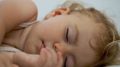 Cute young child sleeping and napping in bed